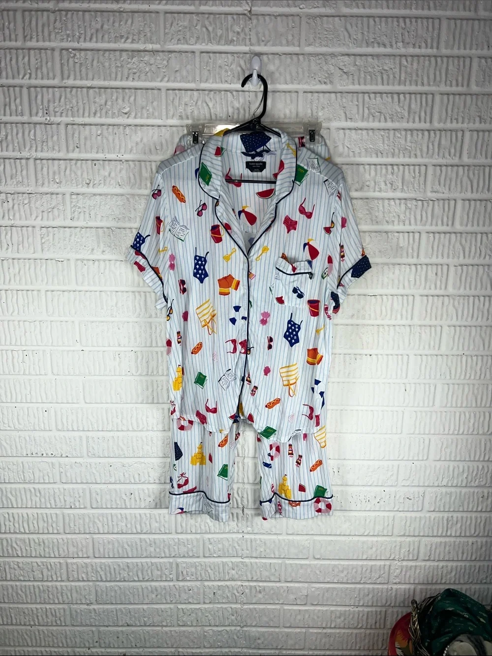Kate Spade Striped Short Sleeve Pajama Set with Colorful Icons Beach theme - Picture 1 of 3